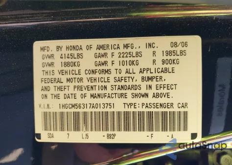 2007 Honda Accord 2.4 Se из США, поврежденный, VIN 1HGCM56317A013751